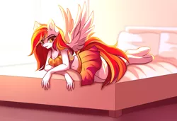 Size: 2712x1853 | Tagged: safe, artist:airiniblock, artist:imbrina, derpibooru import, oc, oc:diamond sun, unofficial characters only, anthro, pegasus, unguligrade anthro, adorasexy, bed, clothes, collaboration, commission, cute, female, image, pegasus oc, png, rcf community, sexy, wings, ych result