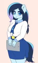 Size: 765x1275 | Tagged: safe, artist:puetsua, derpibooru import, oc, oc:stardust stellar, unofficial characters only, anthro, unicorn, adorasexy, blushing, breasts, clothes, cute, ear fluff, female, holding, image, jpeg, looking at you, necktie, pink background, sexy, shirt, simple background, skirt, smiling, solo