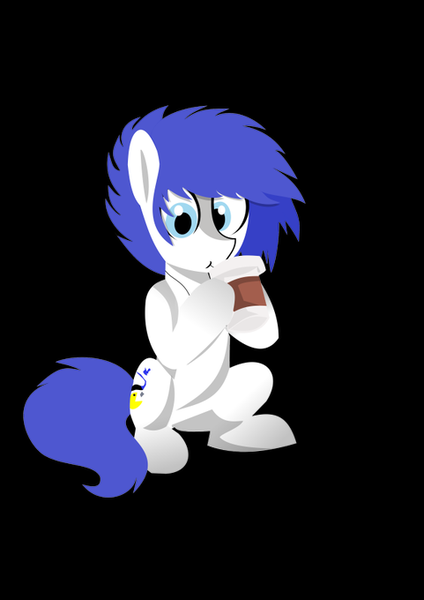 Size: 481x680 | Tagged: safe, artist:sailz, derpibooru import, oc, oc:isaac pony, earth pony, pony, black background, blue eyes, blue mane, blushing, cup, cute, looking at you, male, photo, simple background, sitting, solo