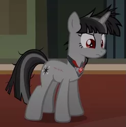 Size: 601x608 | Tagged: safe, alternate version, derpibooru import, twilight sparkle, pony, unicorn, alicorn amulet, corrupted twilight sparkle, fan animation, gray, messy mane, messy tail, red eyes, ripped wing, scar, scarred, spoiler, stitches, the folly of celestia
