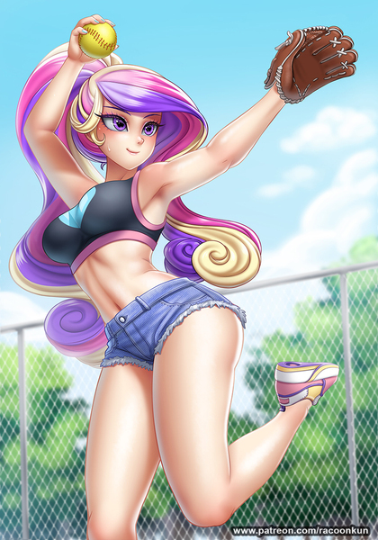 Size: 874x1250 | Tagged: alternate hairstyle, anime, armpits, artist:racoonsan, baseball glove, belly button, blushing, breasts, busty princess cadance, clothes, daisy dukes, derpibooru import, edit, female, fence, human, humanized, midriff, nail polish, open mouth, princess cadance, safe, shoes, shorts, sneakers, softball, sports bra, tree