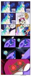 Size: 906x2233 | Tagged: safe, artist:zarohidehire, derpibooru import, princess celestia, princess luna, alicorn, pony, equestria daily, 666, annabelle, backpack, comic, doll, female, irl, mare, moon, nope, nope nope nope nope nope nope, photo, question mark, royal sisters, siblings, sisters, tablet, toy