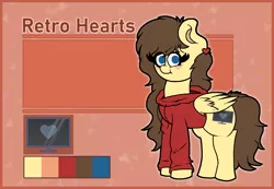 Size: 1772x1229 | Tagged: safe, artist:retro_hearts, derpibooru import, oc, oc:retro hearts, pegasus, pony, clothes, color palette, cutie mark, ear piercing, female, freckles, hoodie, mare, piercing, reference sheet, smiling