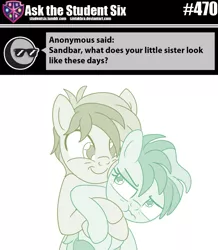 Size: 800x918 | Tagged: safe, artist:sintakhra, derpibooru import, coral currents, sandbar, pony, tumblr:studentsix, adorable face, annoyed, brother and sister, coralbetes, cute, daaaaaaaaaaaw, female, filly, hug, male, older, sandabetes, siblings