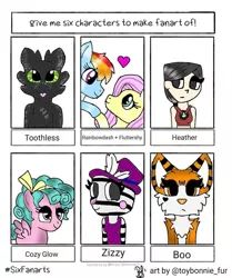 Size: 754x900 | Tagged: safe, artist:toybonnie_fur, derpibooru import, cozy glow, fluttershy, rainbow dash, oc, anthro, big cat, dragon, human, pegasus, pony, tiger, six fanarts, anthro with ponies, bedroom eyes, bust, crossover, female, filly, flutterdash, heart, how to train your dragon, lesbian, mare, piggy, roblox, shipping, smiling, toothless the dragon, total drama, total drama island