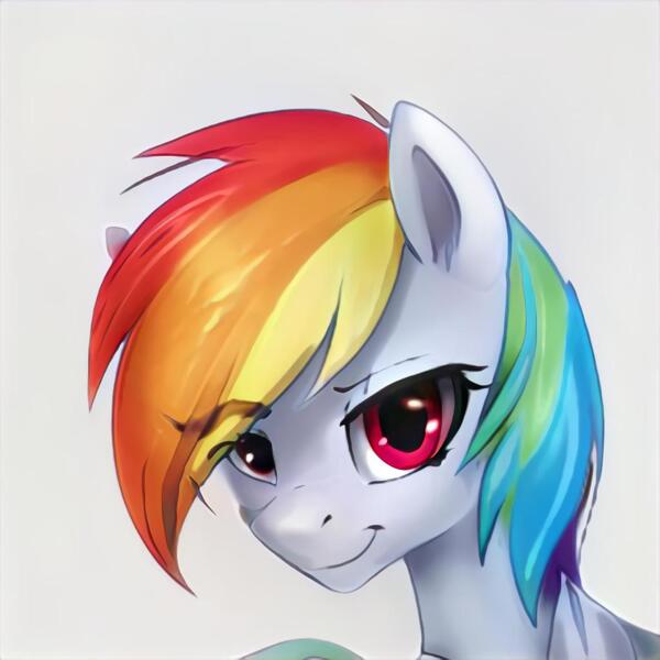 Size: 1024x1024 | Tagged: safe, artist:thisponydoesnotexist, derpibooru import, machine learning generated, eyebrows visible through hair, image, jpeg, multicolored hair, neural network, not rainbow dash, rainbow hair, red eyes, simple background, smiling, smiling at you, white coat