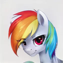 Size: 1024x1024 | Tagged: safe, artist:thisponydoesnotexist, derpibooru import, machine learning generated, eyebrows visible through hair, image, jpeg, multicolored hair, neural network, not rainbow dash, rainbow hair, red eyes, simple background, smiling, smiling at you, white coat