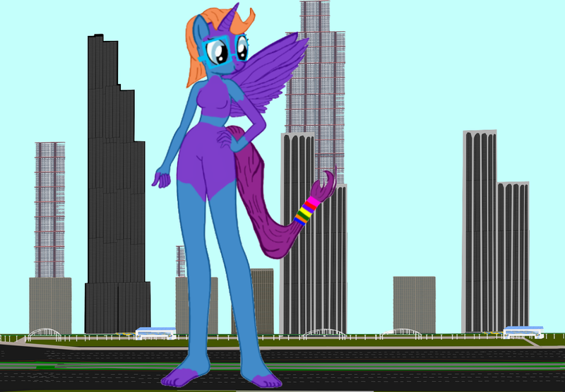 Size: 1024x710 | Tagged: suggestive, artist:calebtyink, derpibooru import, oc, oc:kaitlyn, alicorn, anthro, plantigrade anthro, barefoot, breasts, city, feet, female, giant alicorn, giant anthro, giantess, giant pony, glasses, highway, image, macro, nudity, png, solo, solo female