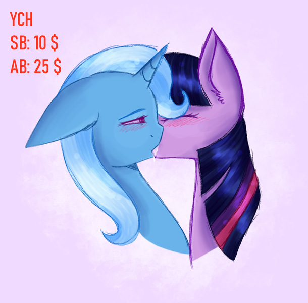 Size: 1308x1287 | Tagged: suggestive, artist:vaiola, derpibooru import, trixie, twilight sparkle, pony, unicorn, auction, blushing, bust, commission, couple, drool, duo, eyes closed, female, floppy ears, kissing, lesbian, mare, portrait, shipping, shy, simple background, twixie, ych example, ych sketch, your character here