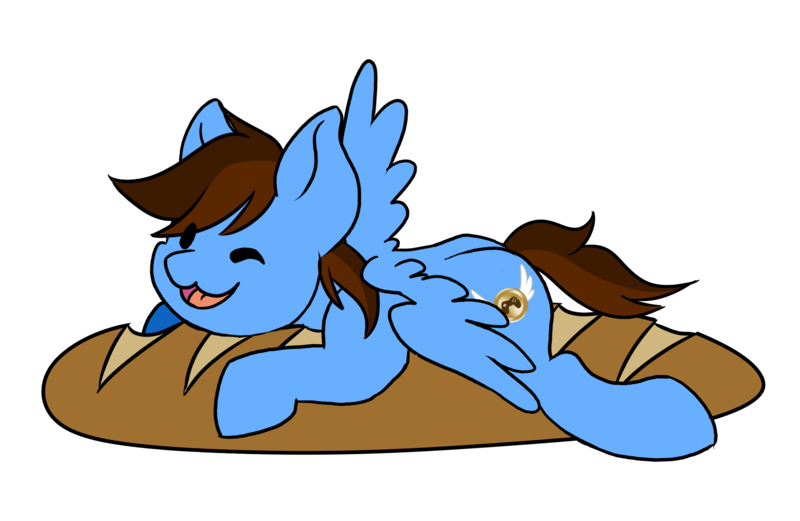 Size: 2367x1542 | Tagged: safe, artist:noxiedraws, derpibooru import, oc, oc:pegasusgamer, unofficial characters only, pegasus, bread, chibi, cute, food, happy, lying down, one eye closed, simple background, transparent background, wings