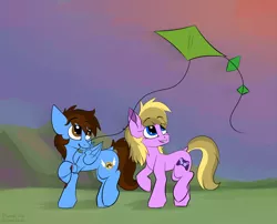 Size: 3000x2421 | Tagged: safe, artist:arume_lux, artist:cottonsweets, derpibooru import, oc, oc:amber bright, oc:pegasusgamer, unofficial characters only, earth pony, pegasus, field, kite, looking up, outdoors, simple background, sky, walking