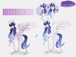 Size: 2833x2116 | Tagged: safe, artist:iheyyasyfox, derpibooru import, oc, oc:stella alba nyx, unofficial characters only, alicorn, pony, alicorn oc, female, horn, mare, offspring, parent:flash sentry, parent:twilight sparkle, parents:flashlight, reference sheet, solo, wings