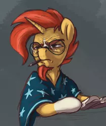 Size: 900x1070 | Tagged: safe, artist:t72b, derpibooru import, sunburst, pony, unicorn, book, bust, clint eastwood, clothes, facial hair, frown, glasses, goatee, hoof hold, male, mouth hold, parody, pencil, poncho, reaction image, solo, sunburst is not amused, unamused