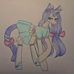 Size: 1080x1080 | Tagged: safe, artist:_quantumness_, derpibooru import, oc, unofficial characters only, pony, unicorn, bow, clothes, dress, hair bow, hoof shoes, horn, raised hoof, socks, tail bow, traditional art, unicorn oc