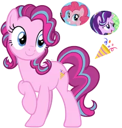 Size: 1570x1650 | Tagged: safe, artist:cherrycandi, derpibooru import, pinkie pie, starlight glimmer, earth pony, pony, base used, curly mane, female, fusion, happy, raised hoof, simple background, smiling, solo, transparent background