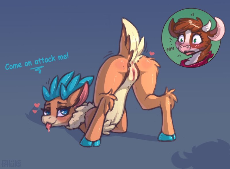 Size: 1470x1080 | Tagged: explicit, artist:phluks, derpibooru import, arizona cow, velvet reindeer, cow, deer, reindeer, them's fightin' herds, bandana, blushing, cloven hooves, community related, cute, cute porn, dialogue, drool, face down ass up, female, floating heart, gray background, heart, lesbian, looking at you, looking back, looking back at you, nudity, presenting, presenting pussy, shipping, simple background, tongue out, vagina, velvezona