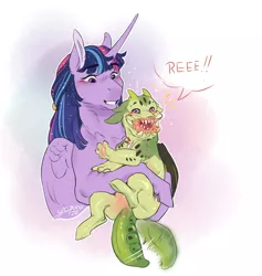 Size: 1746x1842 | Tagged: safe, artist:yozora122, derpibooru import, twilight sparkle, twilight sparkle (alicorn), oc, oc:hercules, alicorn, dragonling, hybrid, pony, aunt and nephew, female, holding, interspecies offspring, magical gay spawn, mare, offspring, open mouth, parent:spike, parent:thorax, parents:thoraxspike, tail wag
