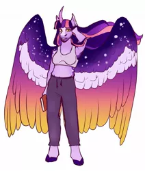 Size: 1280x1509 | Tagged: safe, artist:minsona, derpibooru import, twilight sparkle, alicorn, anthro, unguligrade anthro, arm behind back, armpits, beard, book, breasts, busty twilight sparkle, clothes, colored wings, curved horn, ethereal wings, facial hair, female, flowing mane, gradient wings, horn, image, jpeg, pants, simple background, solo, sports bra, sweatpants, twilight sparkle (alicorn), white background, wings