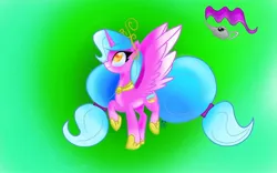 Size: 1080x675 | Tagged: safe, artist:katkatdesign, derpibooru import, oc, unofficial characters only, alicorn, pony, alicorn oc, gradient background, hoof shoes, horn, lamp, looking up, raised hoof, smiling, solo, wings