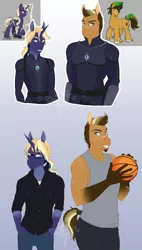 Size: 3333x5858 | Tagged: safe, artist:askbubblelee, derpibooru import, oc, oc:garrett flint, oc:terran, unofficial characters only, anthro, earth pony, pony, unicorn, anthro oc, basketball, clothes, digital art, earth pony oc, glasses, horn, male, night guard, pants, shirt, smiling, sports, stallion, unicorn oc