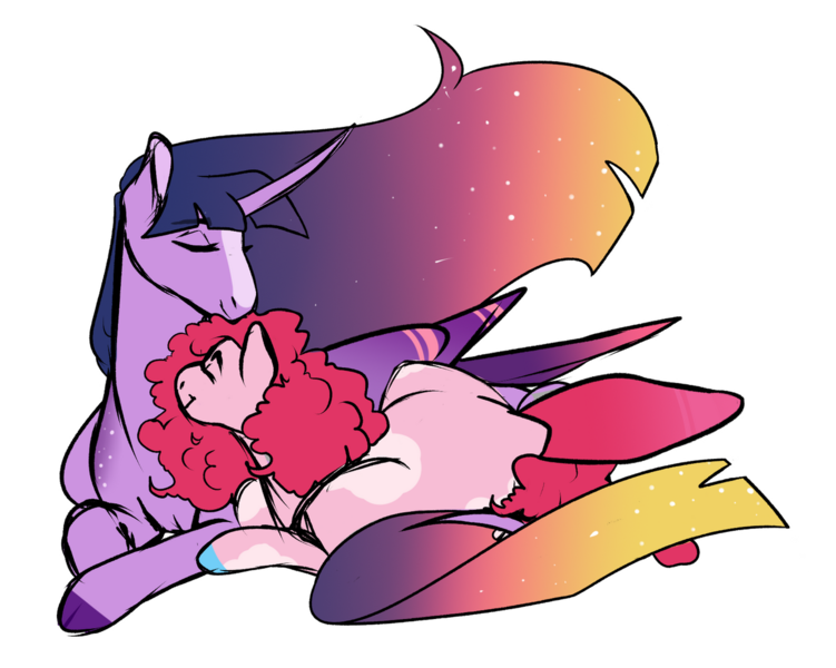 Size: 1280x1022 | Tagged: safe, artist:minsona, derpibooru import, pinkie pie, twilight sparkle, twilight sparkle (alicorn), alicorn, earth pony, pony, blaze (coat marking), colored hooves, cuddling, ethereal mane, eyes closed, female, gradient mane, lesbian, lying down, mare, prone, shipping, simple background, starry mane, transparent background, twinkie, ultimate twilight