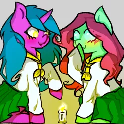 Size: 810x810 | Tagged: safe, artist:crushed.summers.art, derpibooru import, oc, unofficial characters only, earth pony, pony, unicorn, blushing, candle, clothes, crossdressing, dress, earth pony oc, eyelashes, gay, horn, male, oc x oc, raised hoof, shipping, sitting, smiling, stallion, unicorn oc