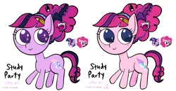 Size: 2071x1080 | Tagged: safe, artist:cailene, derpibooru import, pinkie pie, twilight sparkle, oc, oc:study party, pony, female, lesbian, magical lesbian spawn, next generation, offspring, parent:pinkie pie, parent:twilight sparkle, parents:twinkie, pencil behind ear, shipping, simple background, solo, twinkie, white background