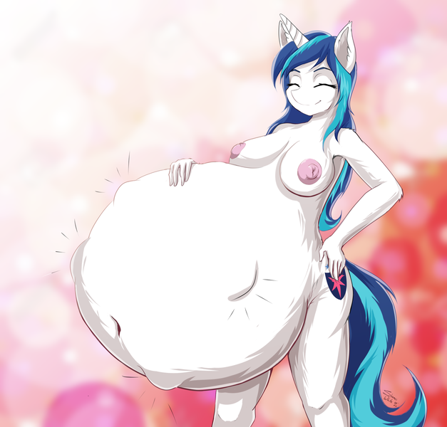 Size: 2070x1980 | Tagged: questionable, artist:shamziwhite, derpibooru import, shining armor, anthro, unicorn, belly, big belly, big nipples, breasts, busty gleaming shield, eyes closed, female, gleaming shield, hand on belly, huge belly, hyper, hyper belly, hyper pregnancy, implied unbirthing, impossibly large belly, kicking, nipples, nudity, pregarmor, pregnant, rule 63, smiling, solo, solo female