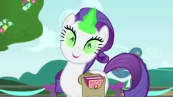 Size: 1280x720 | Tagged: safe, derpibooru import, screencap, rarity, pony, unicorn, inspiration manifestation, aura, female, green eyes, green magic, inspirarity, inspiration manifestation book, magic, magic aura, mare, possessed, solo, telekinesis