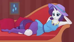 Size: 5000x2813 | Tagged: safe, artist:irisarco, derpibooru import, rarity, anthro, plantigrade anthro, unicorn, equestria girls, bedroom eyes, breasts, clothes, couch, cutie mark, draw me like one of your french girls, dress, equestria girls outfit, eyeshadow, hat, jewelry, lidded eyes, looking at you, lying, makeup, necklace, pillow, poster, seductive pose, skirt, socks, wallpaper