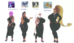 Size: 6000x3507 | Tagged: safe, alternate version, artist:annon, derpibooru import, galena, gillian, giselle, irma, salina blue, gryphon, human, seapony (g4), apron, bare shoulders, big breasts, bimbo, bowtie, breasts, brown eyeshadow, brown hair, butt, clothes, curvy, eyebrows, eyelashes, eyeliner, eyeshadow, fingernails, gyaru, hand on hip, high heels, hourglass figure, huge breasts, humanized, large butt, lipstick, long hair, long nails, makeup, manba, matching outfits, nail polish, necktie, ponytail, purple eyeshadow, purple lipstick, shoes, simple background, suit, tattoo, uniform, waitress, white hair, wide hips