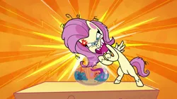 Size: 1920x1080 | Tagged: safe, derpibooru import, screencap, fluttershy, pegasus, pony, my little pony: pony life, spoiler:pony life s01e20, spoiler:pony life s01e34, angry, bloodshot eyes, bottle, cocoon, crazy face, cross-popping veins, faic, female, fluttershy's unboxing vlog, mare, solo, the 5 habits of highly effective ponies