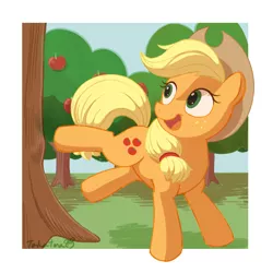 Size: 2048x2048 | Tagged: safe, artist:gamorangetana, artist:takatmadisney, banned from derpibooru, deleted from derpibooru, derpibooru import, applejack, earth pony, pony, apple, apple tree, applebucking, bucking, cowboy hat, cute, cutie mark, digital art, female, food, happy, hat, image, jackabetes, jpeg, mare, open mouth, sky, solo, tail, tree