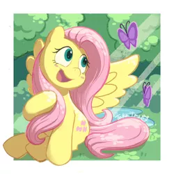 Size: 2048x2048 | Tagged: safe, artist:gamorangetana, artist:takatmadisney, derpibooru import, fluttershy, butterfly, insect, pegasus, pony, blush sticker, blushing, crepuscular rays, cute, cutie mark, daaaaaaaaaaaw, dappled sunlight, digital art, female, forest, happy, head turn, image, jpeg, looking at something, mare, open mouth, shyabetes, sitting, smiling, solo, spread wings, tree, wings