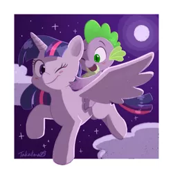 Size: 2048x2048 | Tagged: safe, artist:gamorangetana, artist:takatmadisney, derpibooru import, spike, twilight sparkle, twilight sparkle (alicorn), alicorn, dragon, pony, blush sticker, blushing, cloud, cute, digital art, duo, flying, full moon, happy, horn, image, jpeg, moon, night, one eye closed, riding, sky, sparkle siblings, spikabetes, spike riding twilight, spread wings, stars, twiabetes, wings