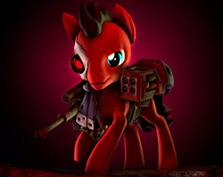 Size: 2830x2250 | Tagged: safe, artist:fic-flix, derpibooru import, oc, oc:red eye, unofficial characters only, cyborg, earth pony, pony, fallout equestria, 3d, armor, battle saddle, blue eye, clothes, gun, male, mohawk, photoshop, pipbuck, prosthetic eye, prosthetics, red, scarf, solo, source filmmaker, stallion, weapon