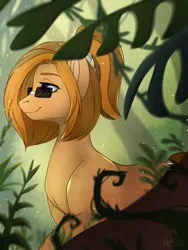 Size: 3096x4128 | Tagged: safe, artist:bellfa, derpibooru import, oc, oc:mistydrifter, unofficial characters only, earth pony, pony, background pony, female, glare, glasses, hair, jungle, jungle girl, leaves, original art, outdoors, ponytail, purple eyes, redhead, solo, sunglasses, tail