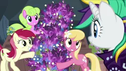 Size: 1280x720 | Tagged: safe, derpibooru import, screencap, daisy, flower wishes, lily, lily valley, rarity, roseluck, earth pony, pony, unicorn, it isn't the mane thing about you, alternate hairstyle, cute, female, flower trio, lavender, mare, punk, raripunk