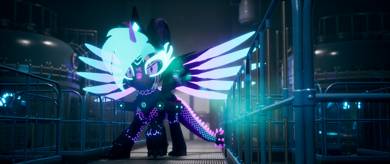 Size: 3840x1620 | Tagged: safe, artist:phoenixtm, derpibooru import, oc, oc:phoenix stardash, alicorn, cyborg, original species, 3d, battle stance, ceikraill, laboratory, lens flare, minigun, shiny, spread wings, unreal engine, weapon, wings