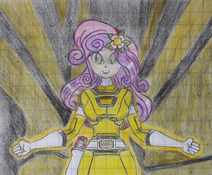 Size: 1024x846 | Tagged: safe, artist:nintencano, derpibooru import, sweetie belle, equestria girls, female, flower, flower in hair, gekisou sentai carranger, graph paper, morphing, power rangers, power rangers turbo, solo, traditional art, yellow ranger