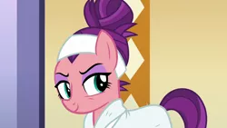 Size: 1280x720 | Tagged: safe, derpibooru import, screencap, spoiled rich, earth pony, pony, applejack's "day" off, alternate hairstyle, arrogant, bags under eyes, bathrobe, clothes, eyeshadow, female, gloating, hair bun, makeup, mare, robe, smiling, smirk, snobby, solo, spa