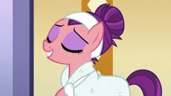 Size: 1280x720 | Tagged: safe, derpibooru import, screencap, spoiled rich, applejack's "day" off, bathrobe, clothes, female, gloating, robe, slippers, snobby, solo, spa