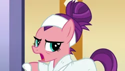 Size: 1280x720 | Tagged: safe, derpibooru import, screencap, spoiled rich, applejack's "day" off, bathrobe, clothes, female, robe, slippers, solo, spa