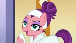 Size: 1280x720 | Tagged: safe, derpibooru import, screencap, spoiled rich, earth pony, pony, applejack's "day" off, alternate hairstyle, arrogant, bags under eyes, bathrobe, clothes, eyeshadow, female, gloating, hair bun, makeup, mare, narrowed eyes, raised hoof, robe, slippers, smiling, smirk, snobby, solo, spa