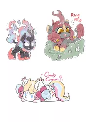 Size: 636x900 | Tagged: safe, artist:snow angel, derpibooru import, oc, oc:candy cream, oc:ring ring, unofficial characters only, bat pony, kirin, nirik, pony, bat pony oc, bat wings, beanbrows, chibi, colored pupils, cute, eyebrows, kirin oc, ocbetes, sharp teeth, simple background, teeth, watermark, white background, wings