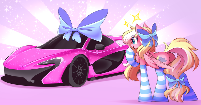 Size: 5434x2849 | Tagged: safe, artist:airiniblock, derpibooru import, oc, oc:bay breeze, unofficial characters only, pegasus, pony, bow, car, clothes, commission, cute, female, hair bow, mare, mclaren, mclaren p1, rcf community, socks, solo, striped socks