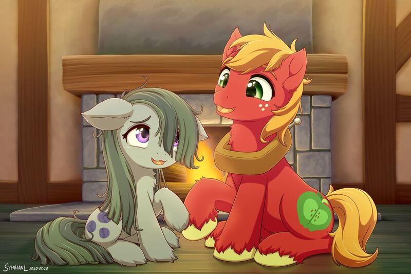 Size: 1920x1280 | Tagged: safe, artist:symbianl, derpibooru import, big macintosh, marble pie, earth pony, pony, hearthbreakers, cute, female, fireplace, freckles, macabetes, male, marblebetes, marblemac, open mouth, shipping, straight