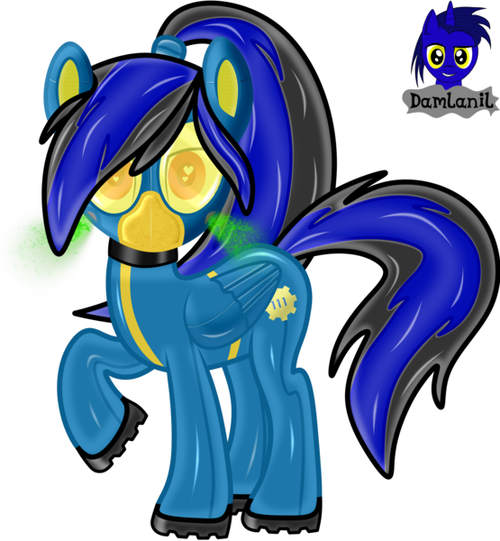 Size: 3840x4154 | Tagged: safe, artist:damlanil, derpibooru import, oc, oc:labys, pegasus, pony, boots, clothes, collar, commission, fallout, female, gas mask, hazmat pony drone, heart, heart eyes, jumpsuit, latex, looking at you, mare, mask, raised hoof, rubber, rubber drone, shiny, shiny mane, shoes, show accurate, simple background, solo, transformation, transparent background, vault 111, vault suit, vault-tec, vector, wingding eyes, wings