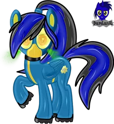 Size: 3840x4154 | Tagged: safe, artist:damlanil, derpibooru import, oc, oc:labys, pegasus, pony, boots, clothes, collar, commission, fallout, female, gas mask, hazmat pony drone, heart, heart eyes, jumpsuit, latex, looking at you, mare, mask, raised hoof, rubber, rubber drone, shiny, shiny mane, shoes, show accurate, simple background, solo, transformation, transparent background, vault 111, vault suit, vault-tec, vector, wingding eyes, wings