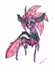 Size: 1280x1670 | Tagged: safe, artist:luxiwind, derpibooru import, oc, oc:poison, changedling, changeling, black eye, blushing, changeling oc, cute, exoskeleton, female, heart, simple background, solo, spikes, traditional art, white background